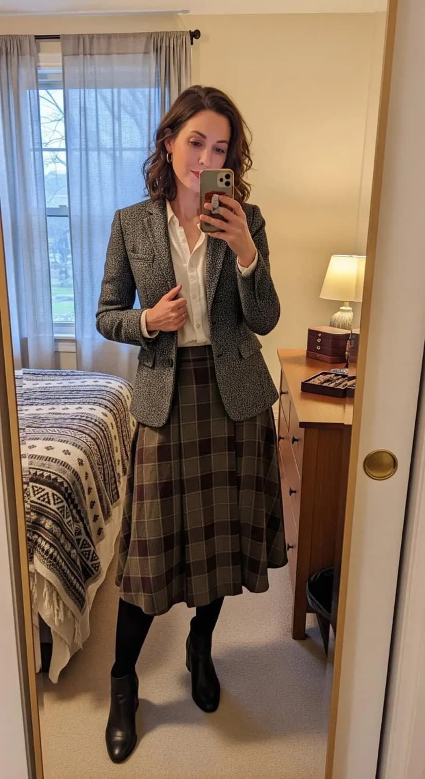 Tweed Blazer + White Blouse + Plaid Midi Skirt + Black Tights + Ankle Boots