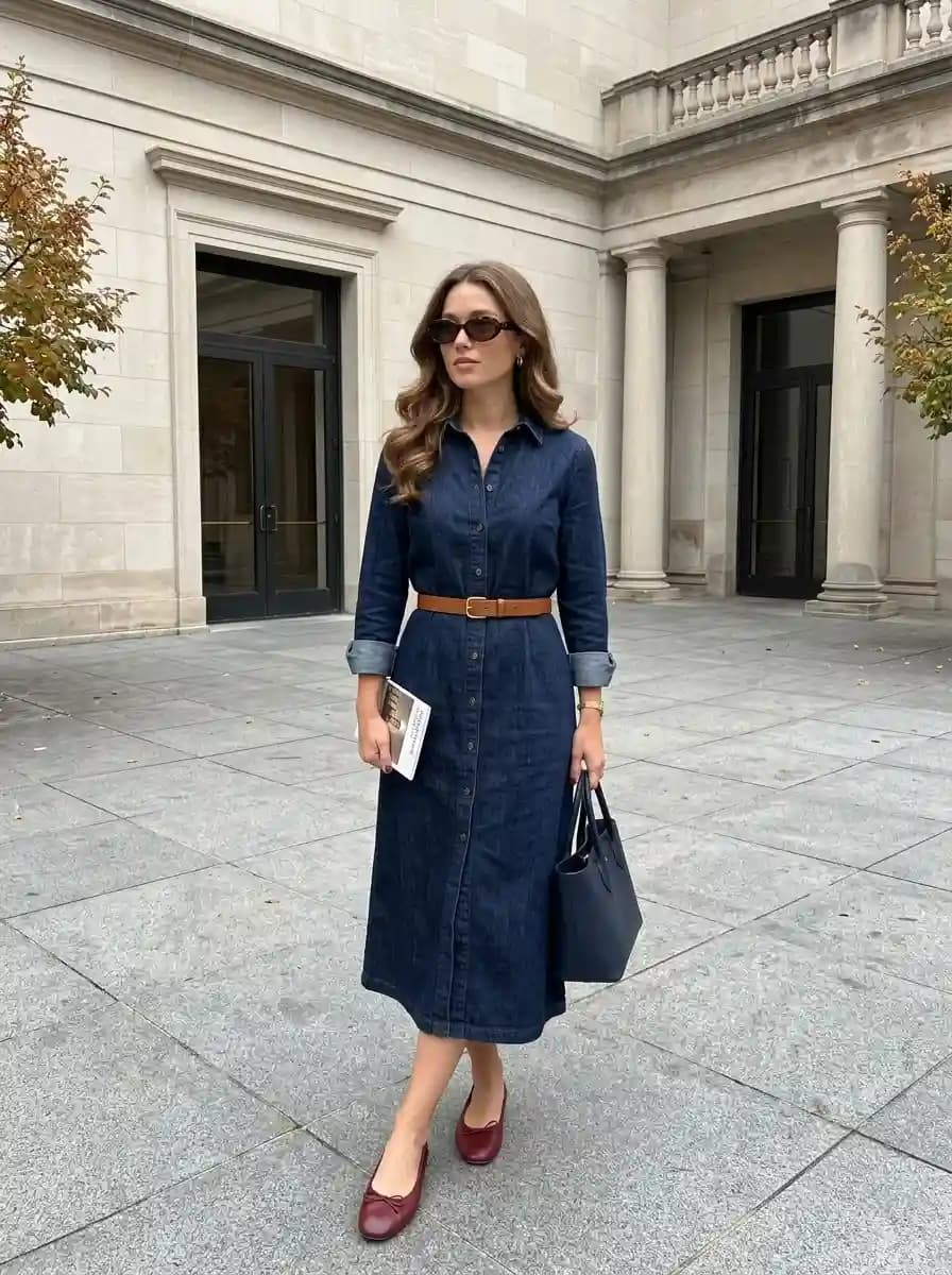 Dark Denim Shirt Dress with Cognac Belt and Burgundy Flats