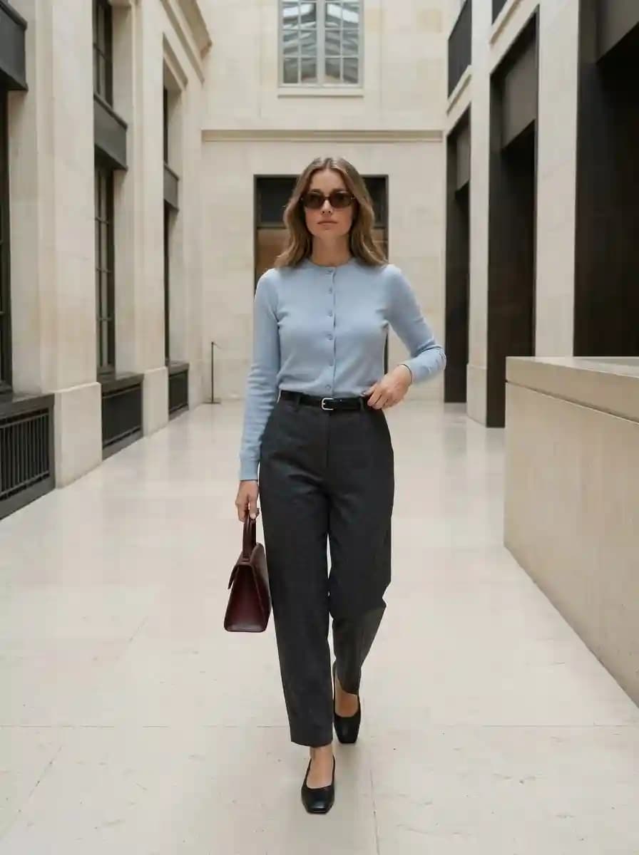 Powder Blue Cardigan with Grey Tailored Trousers