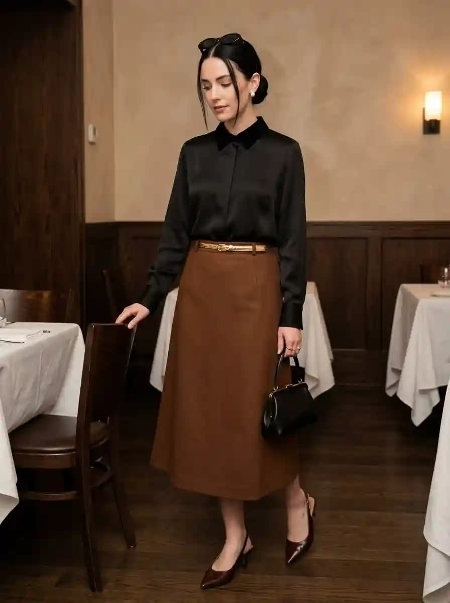 Black Silk Blouse with Cinnamon Midi Skirt