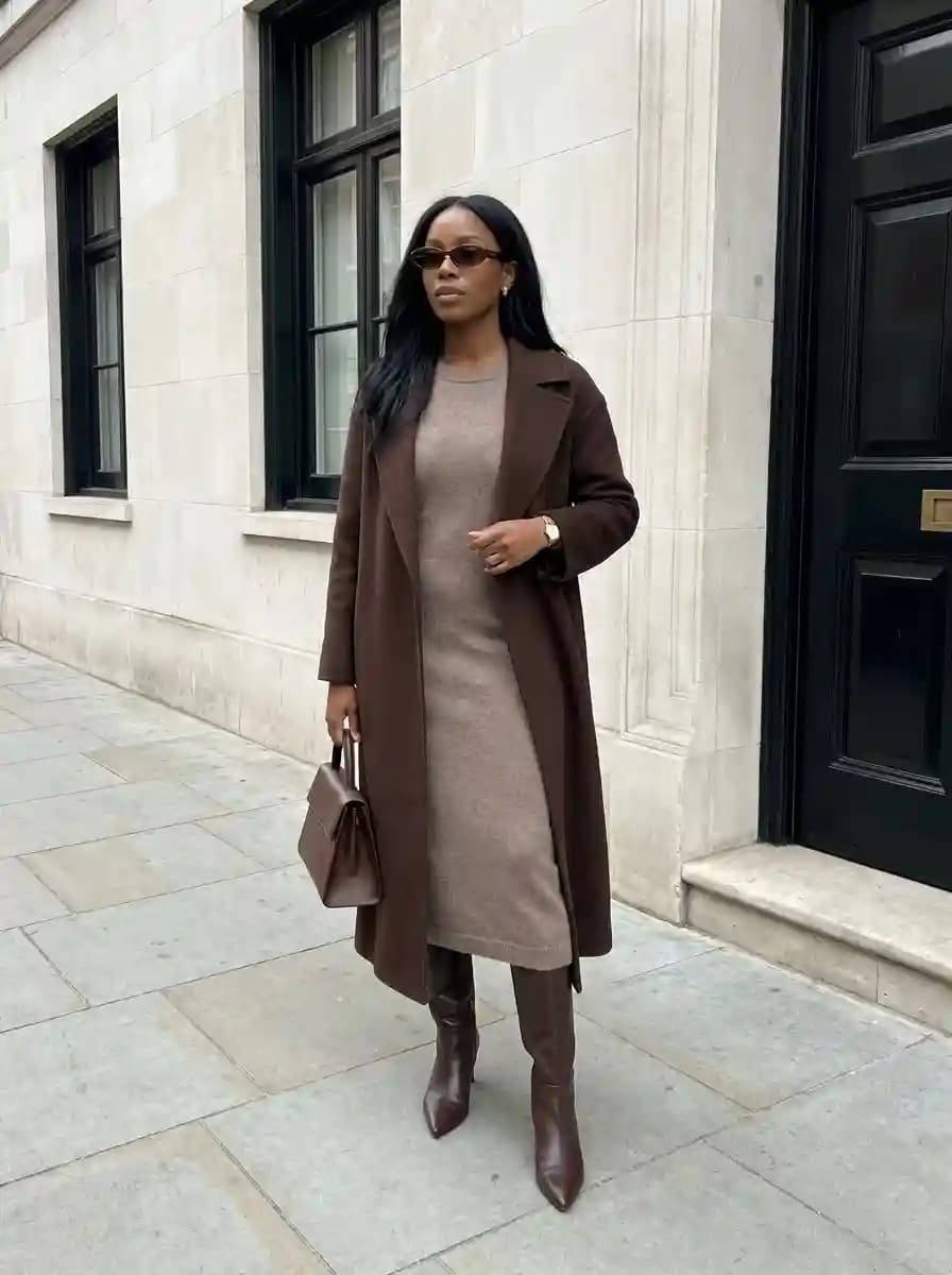 Taupe Knit Dress with Chocolate Long Coat