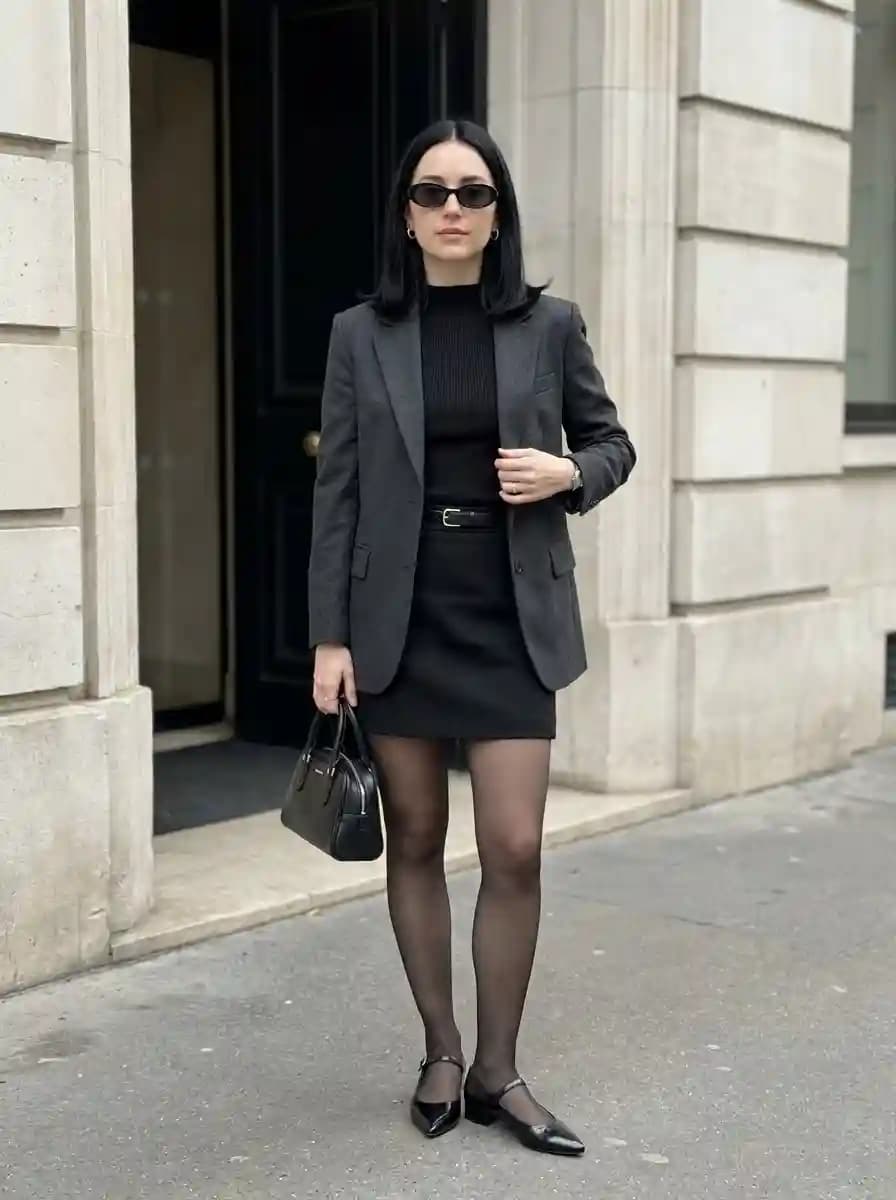 Charcoal Blazer with Black Mini Skirt and Sheer Tights