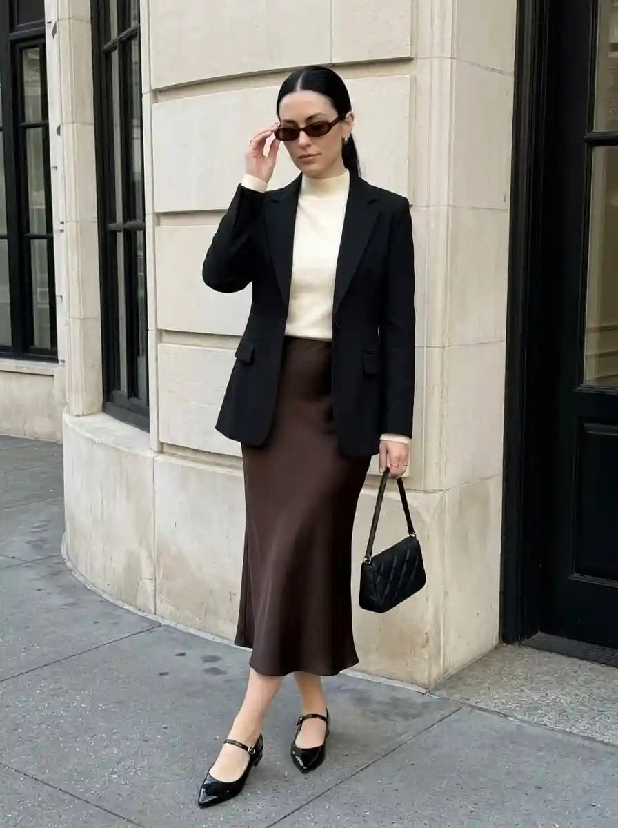 Black Blazer with Cream Turtleneck and Chocolate Satin Skirt