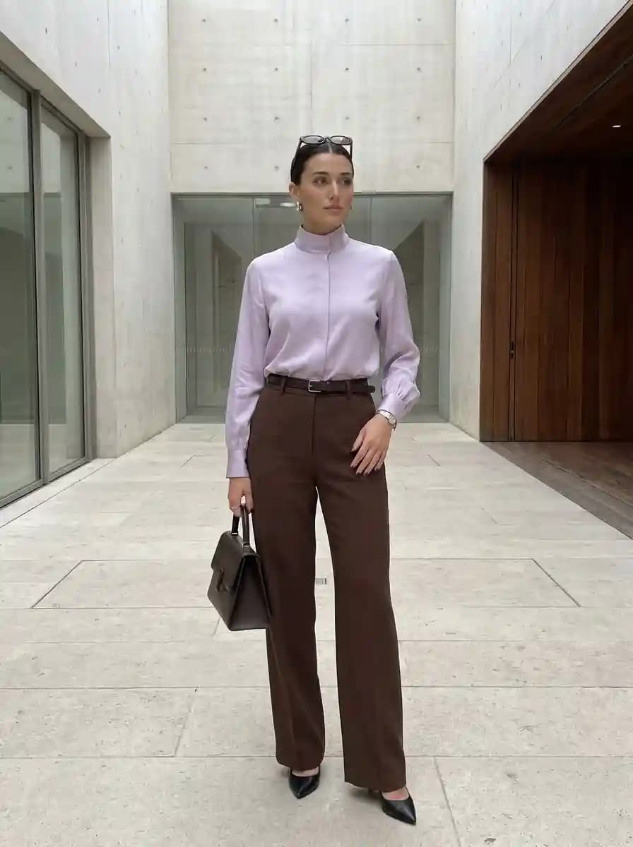 Pale Lilac Blouse with Chocolate Wide-Leg Trousers