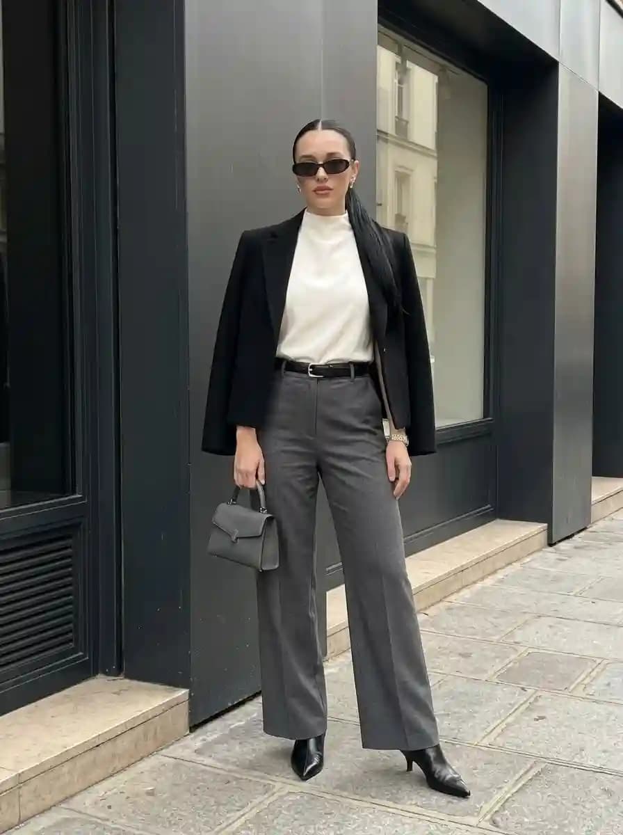 Black Blazer with Ivory Mock Neck and Grey Trousers