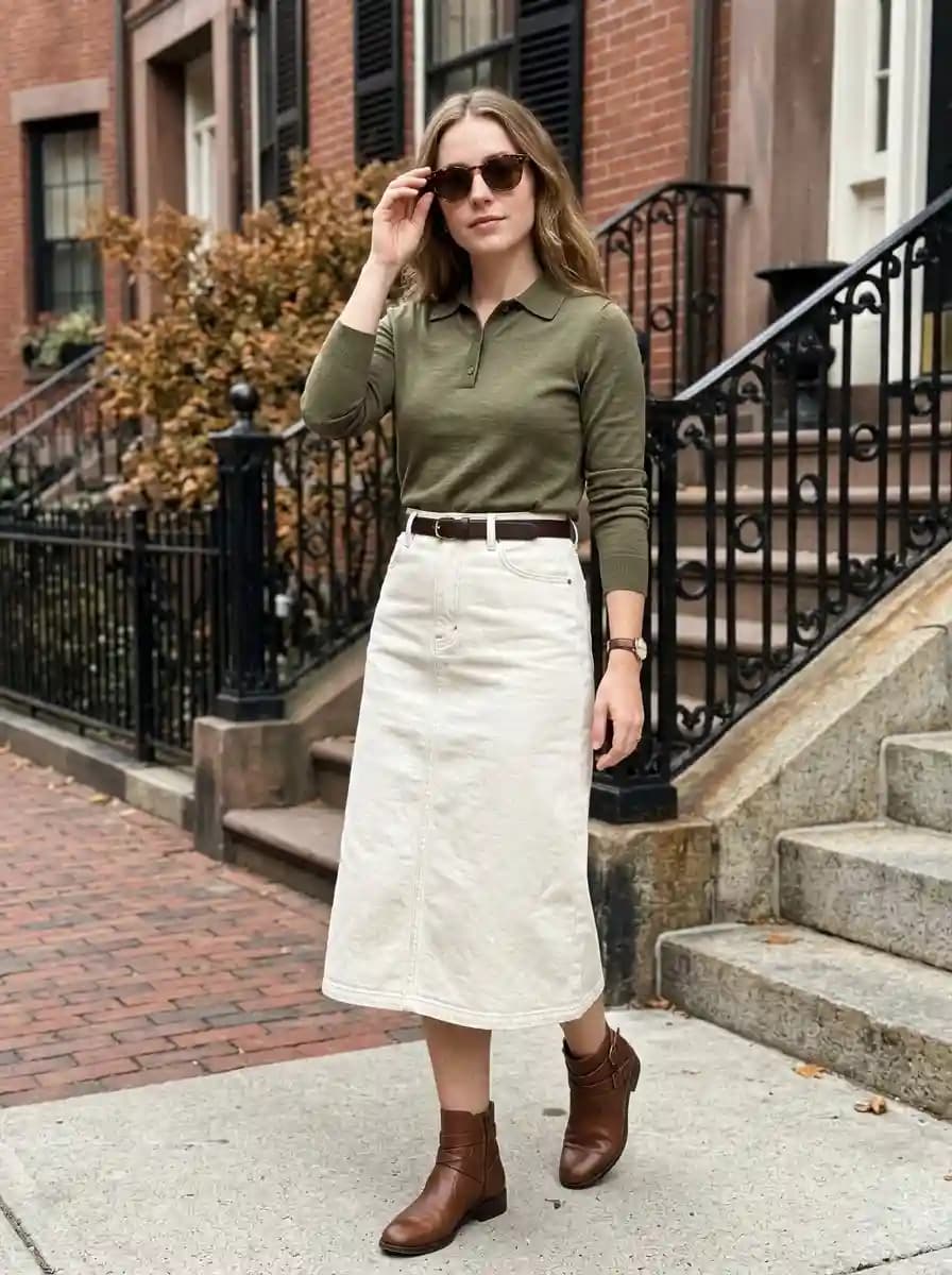 Woman wearing an olive long-sleeve polo shirt with a cream midi skirt, brown leather belt, brown ankle boots, and sunglasses.