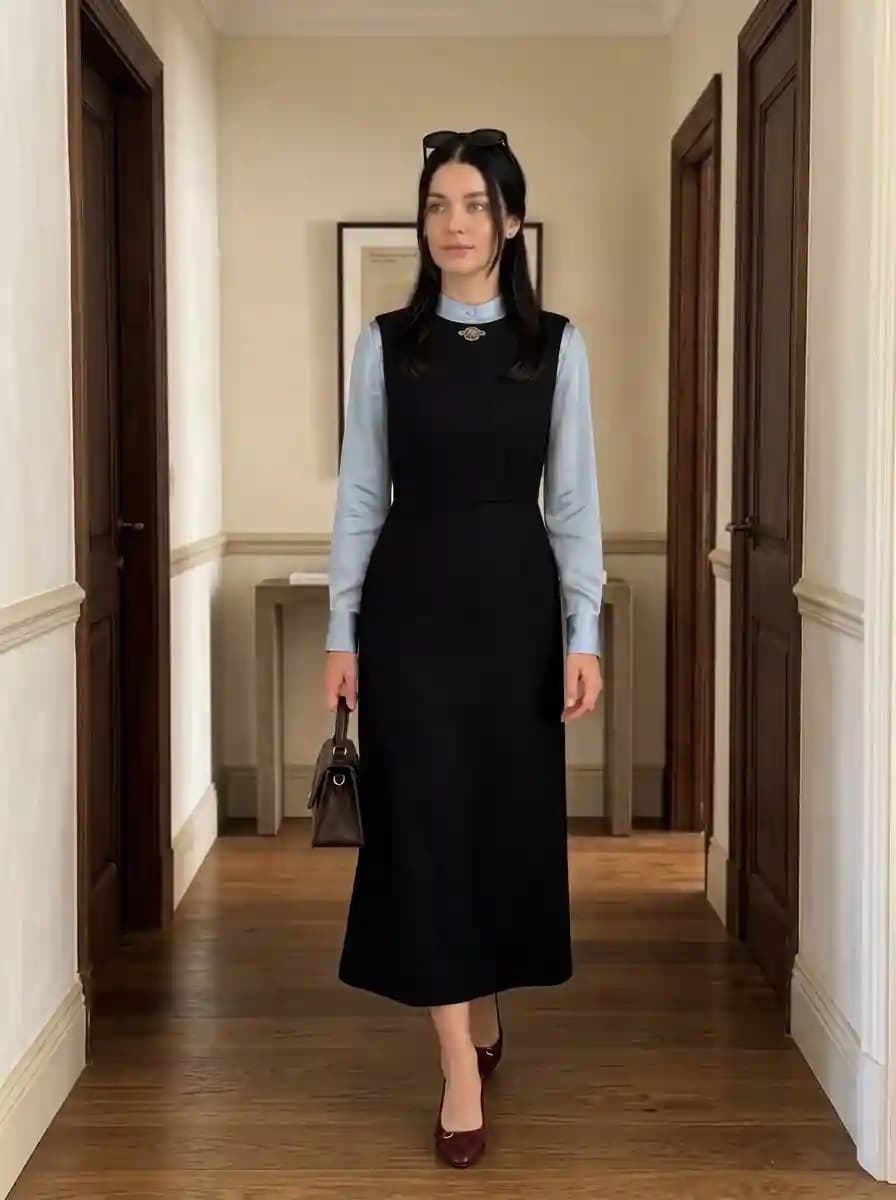 Black Pinafore Midi Dress over a Pale Blue Blouse