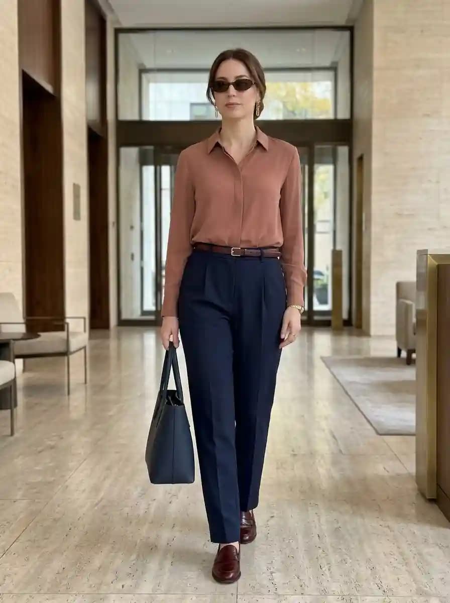 Rust Silk Blouse with Navy Tailored Trousers and Loafers