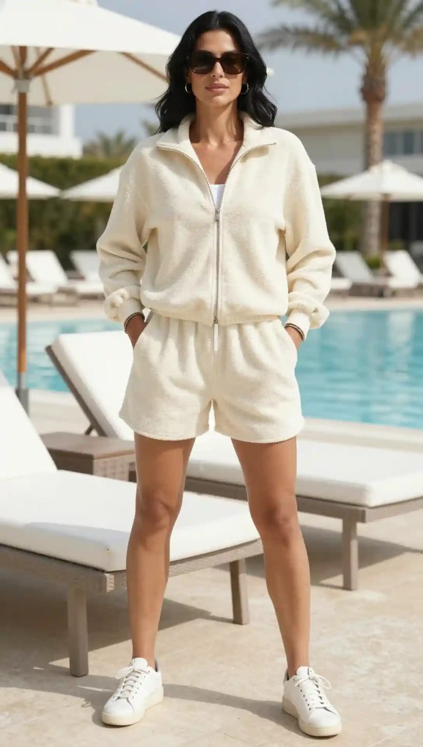 Cream Fleece Zip-Up Jacket + Matching Shorts + White Sneakers