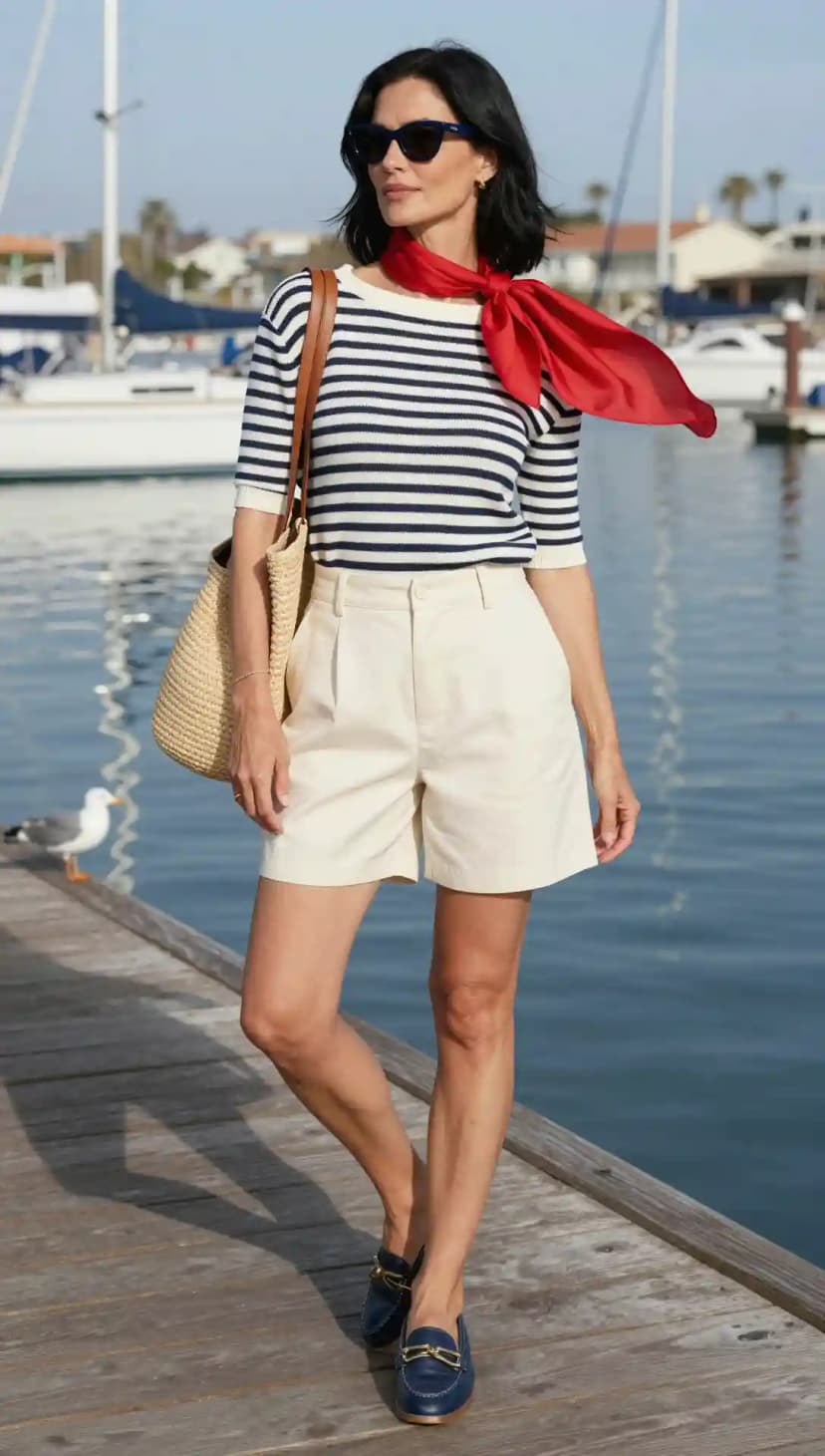 Navy Striped Knit Top + Cream Tailored Shorts + Red Silk Scarf