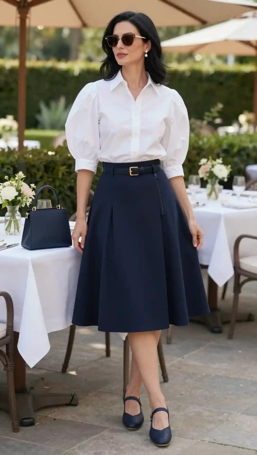 White Puff Sleeve Shirt + Navy Midi Skirt + Navy Mary Janes