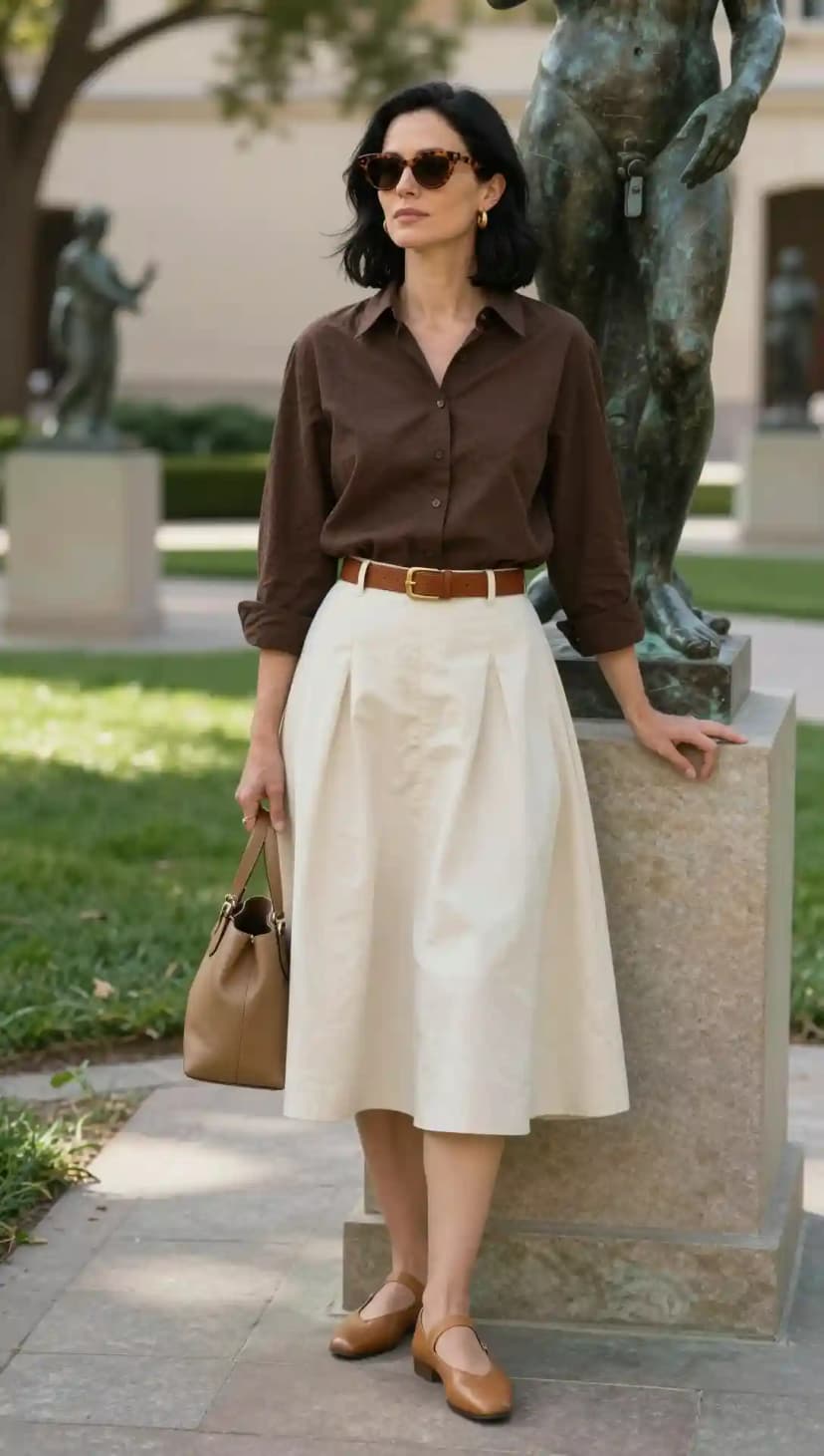 Brown Button-Up Shirt + Cream Pleated Midi Skirt + Brown Leather Belt