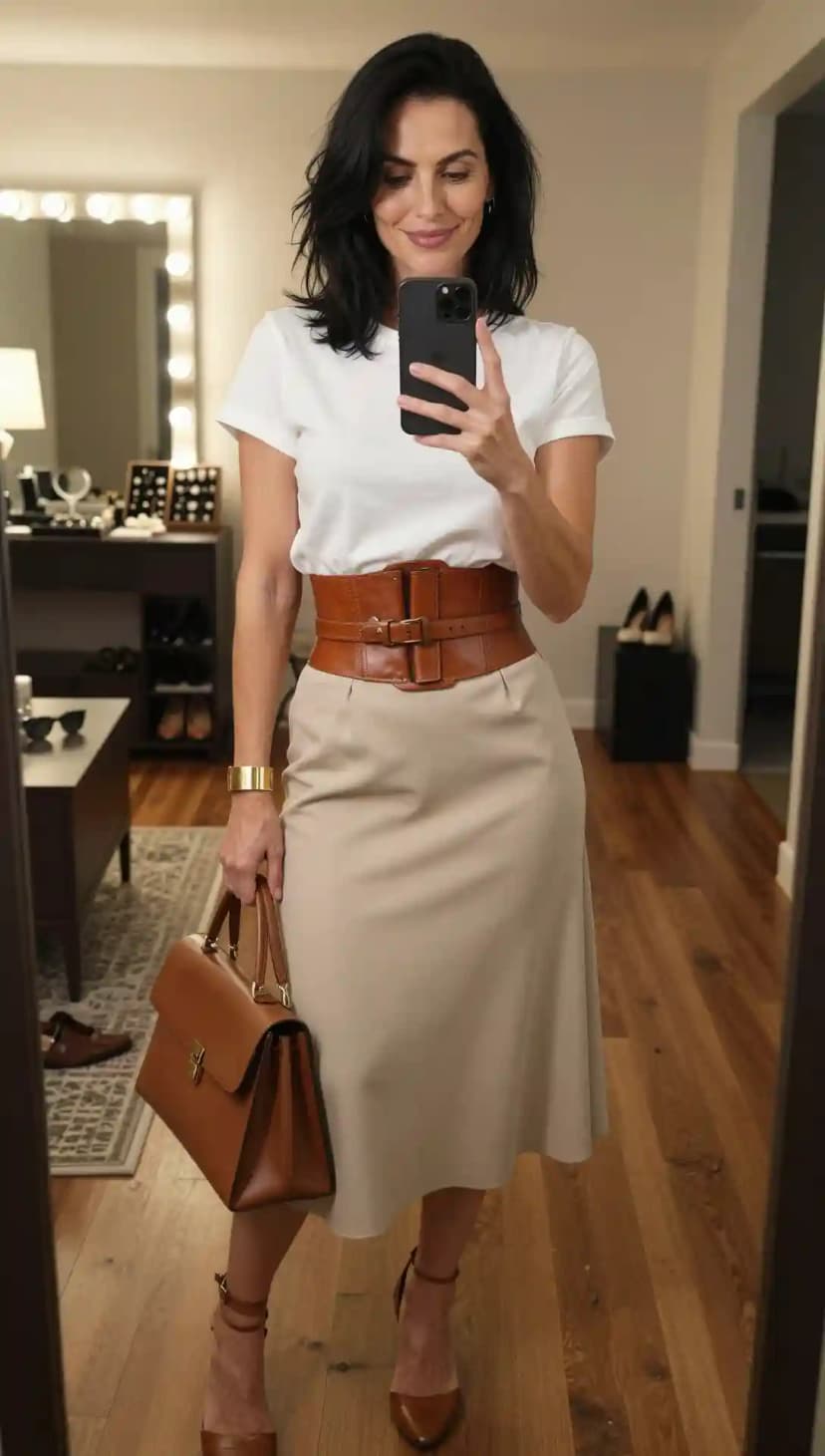 White Cotton T-shirt + Beige Midi Skirt + Brown Leather Corset Belt