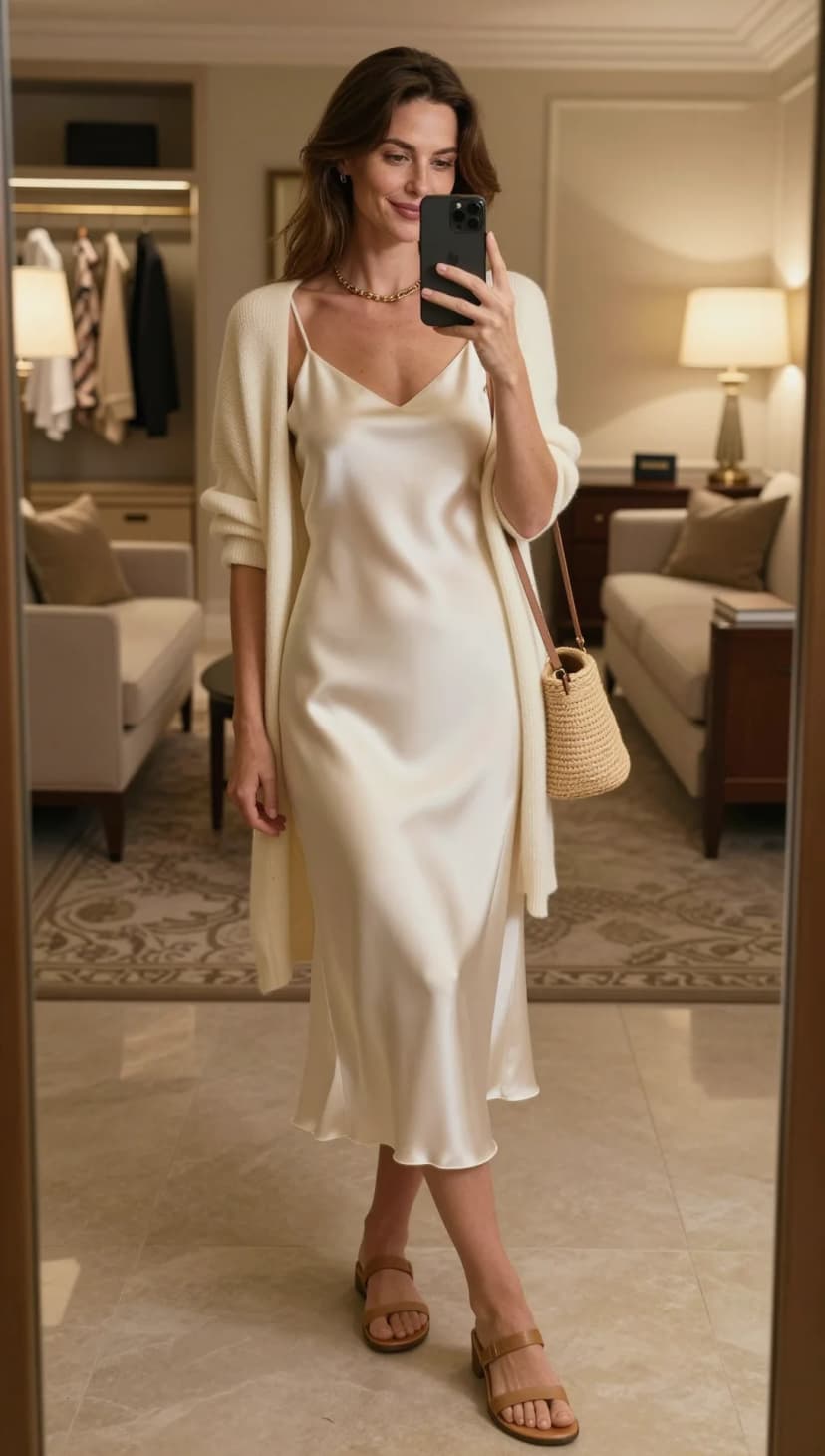 Cream Knit Cardigan + Ivory Satin Slip Dress + Tan Leather Slide Sandals
