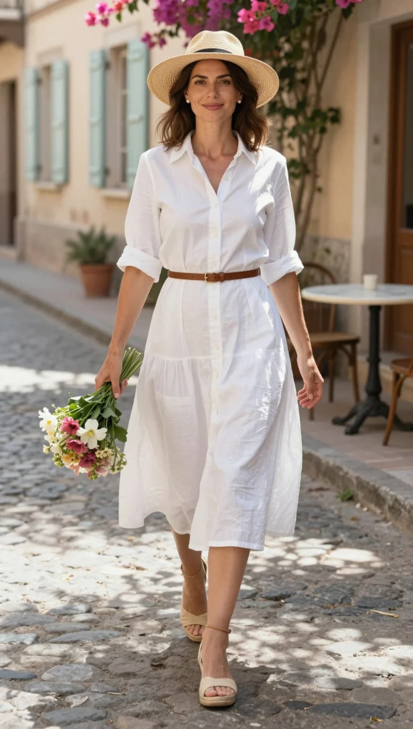 White Cotton Shirt Dress + Tan Leather Belt + Natural Straw Hat + Tan Espadrille Wedge Sandals