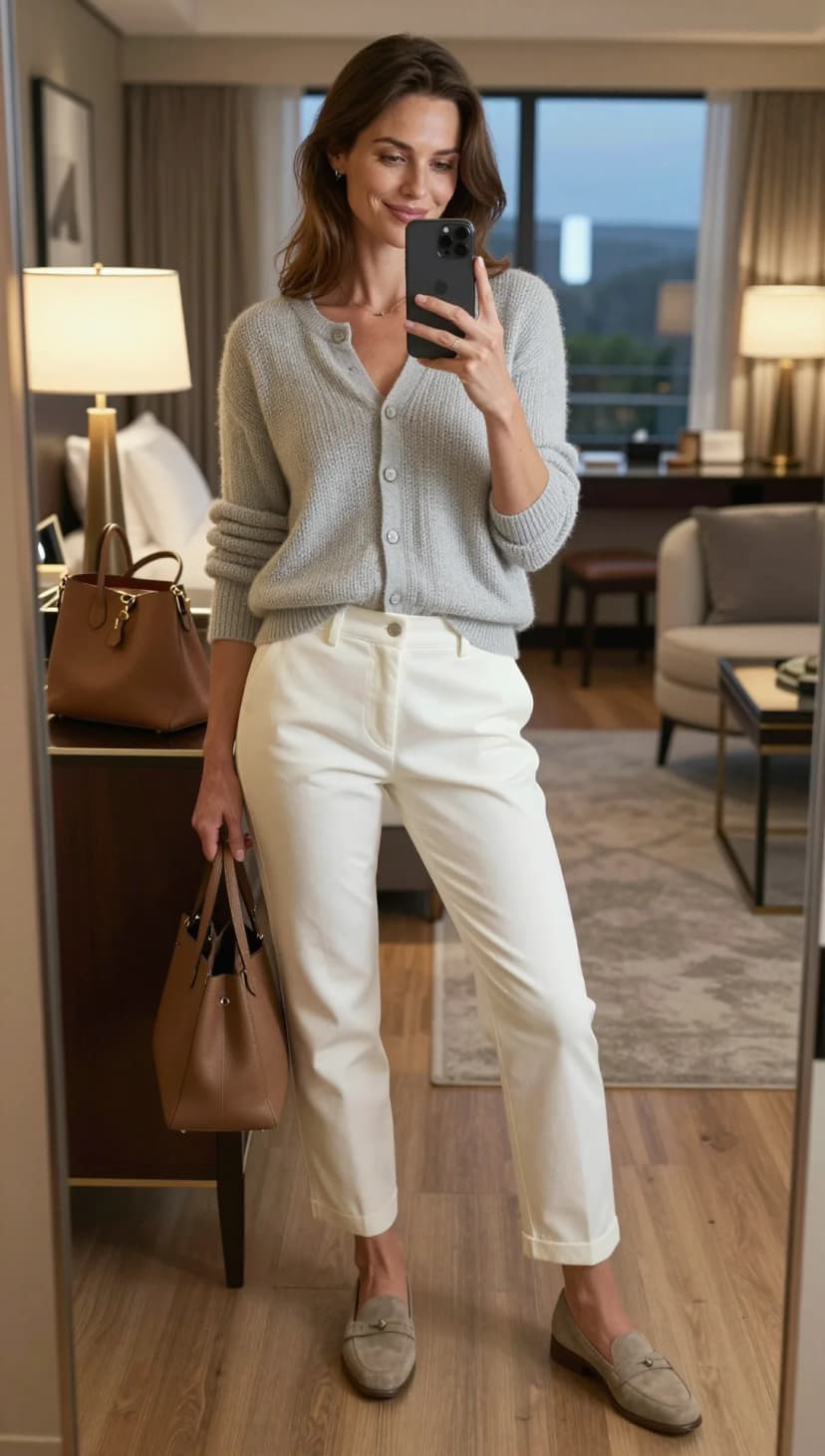Light Grey Knit Cardigan + Off-White Cotton Trousers + Taupe Suede Loafers