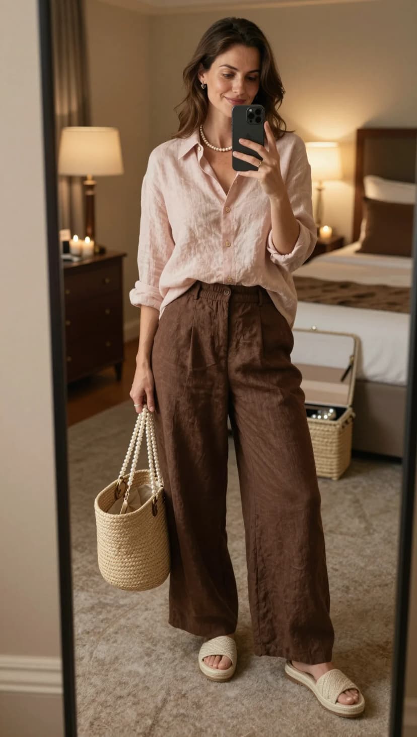 Pink Linen Button-Up Shirt + Brown Linen Wide-Leg Trousers + Cream Espadrille Slides