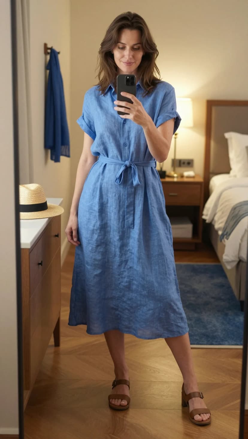 Blue Linen Shirt Dress + Brown Leather Block Heel Sandals