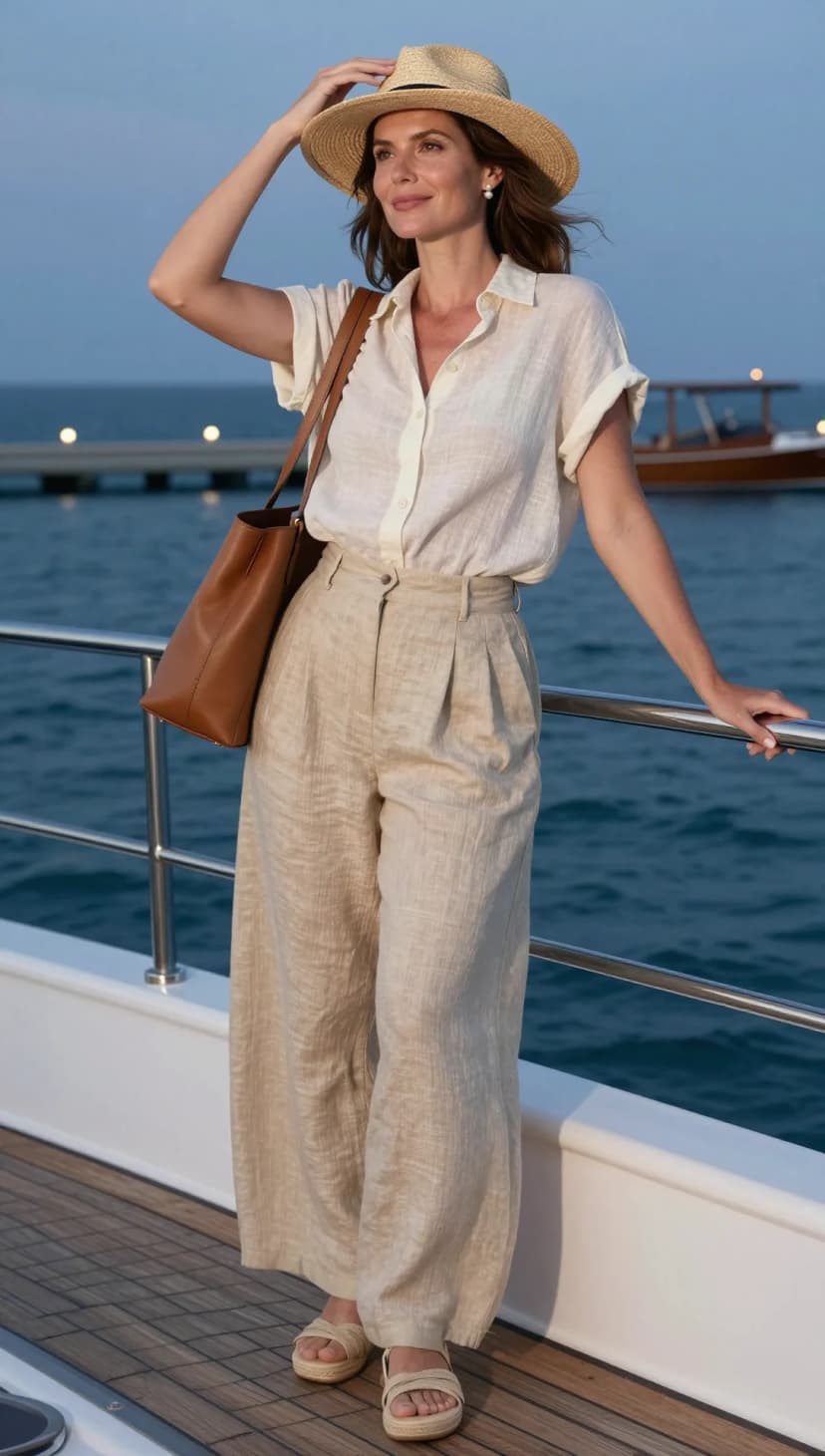 Cream Linen Button-Up Shirt + Beige Linen Wide-Leg Trousers + Natural Straw Fedora Hat + Tan Leather Tote Bag + Beige Espadrille Platform Sandals