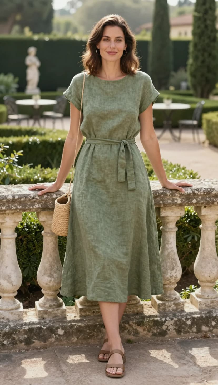 Olive Linen Midi Dress + Tan Leather Flat Sandals + Woven Straw Crossbody Bag