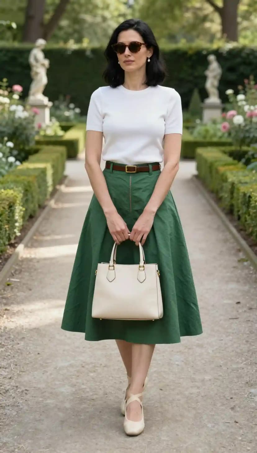 White Ribbed Knit Top + Green Midi Skirt + Brown Belt