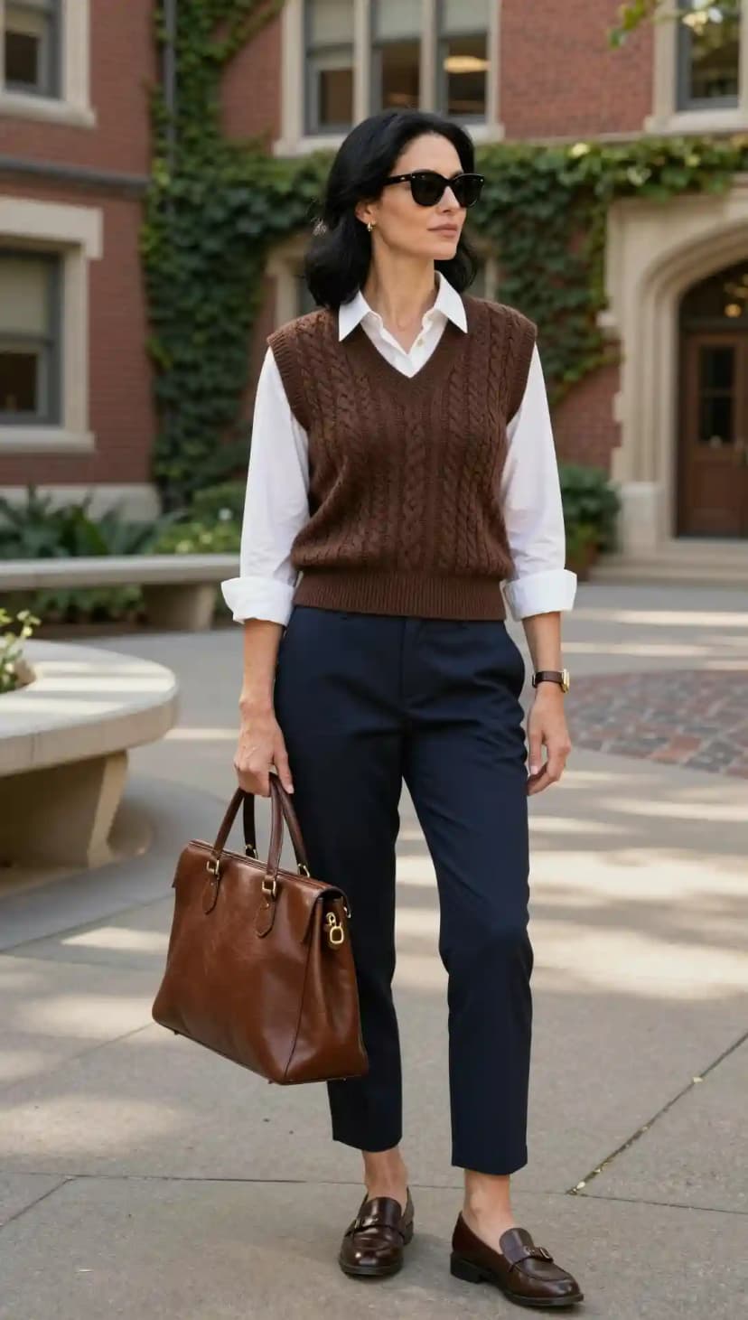 White Button-Up Shirt + Brown Cable Knit Vest + Navy Tailored Trousers
