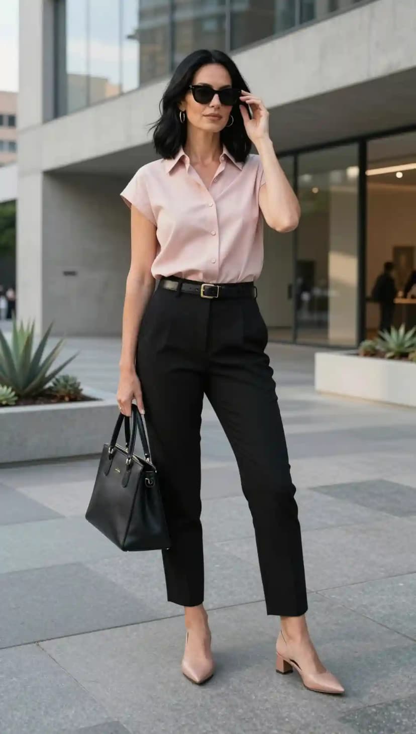 Light Pink Button-Up Shirt + Black Tailored Trousers