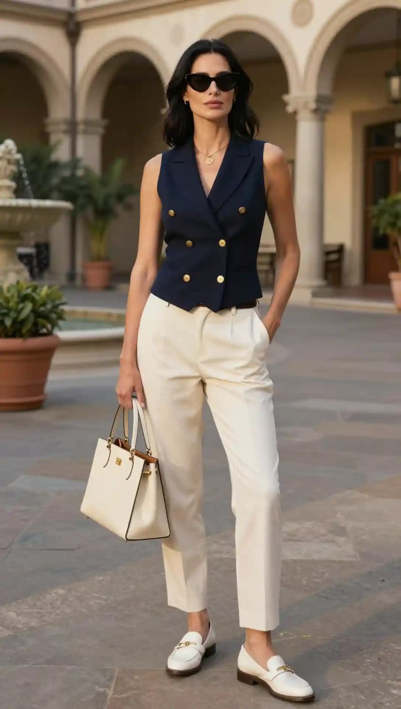 Navy Double-Breasted Vest + Cream Tailored Trousers + White Loafers