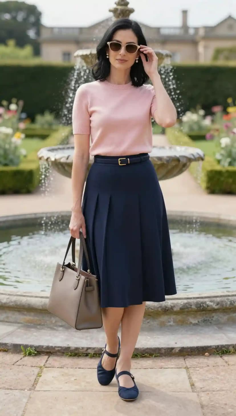 Pink Short-Sleeve Knit Top + Navy Pleated Midi Skirt + Gold Buckle Belt