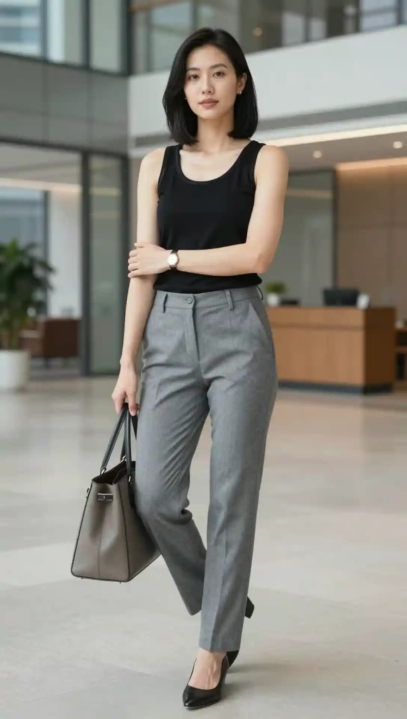 Black Tank Top + Grey Tailored Trousers + Black Heels