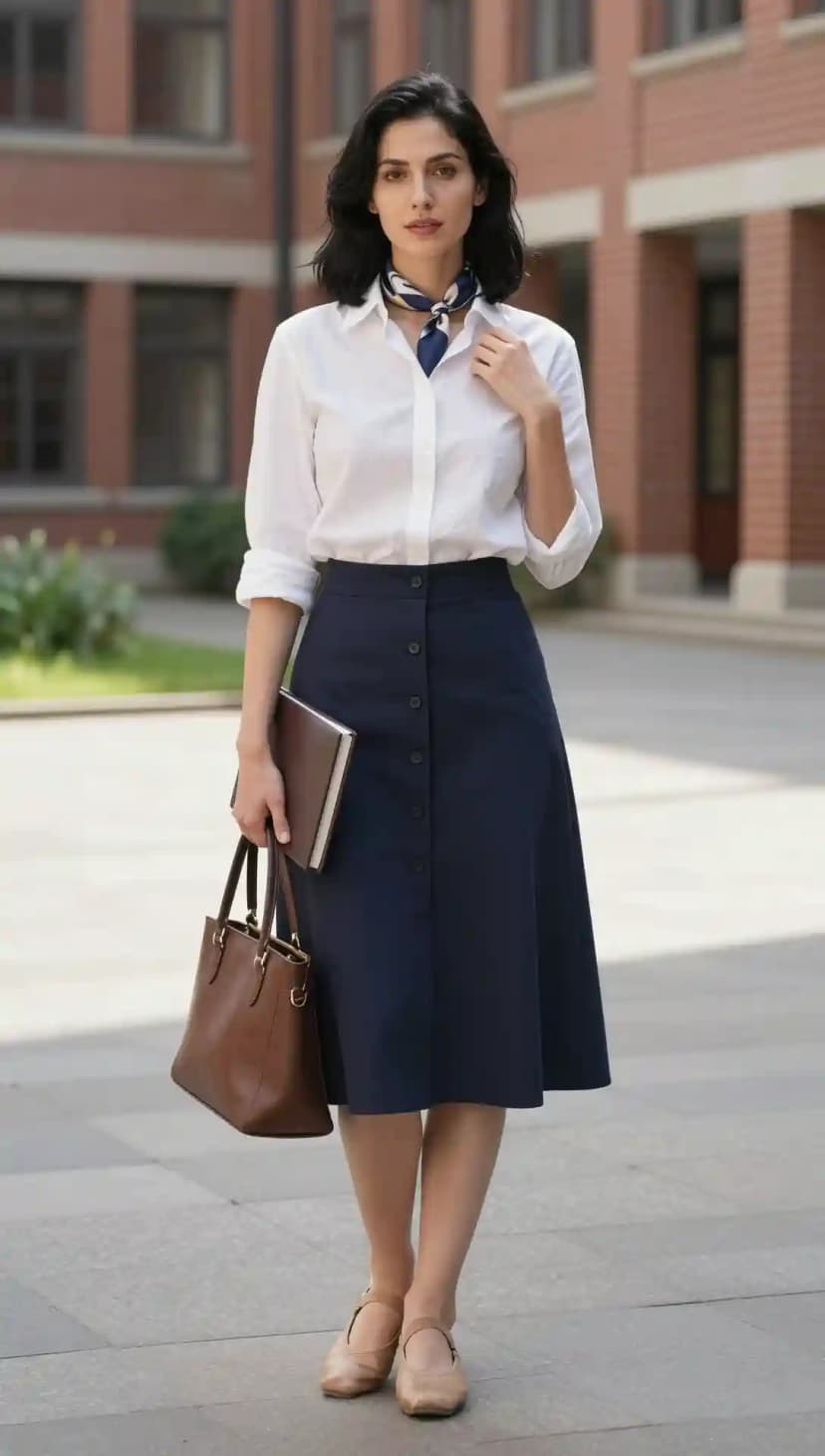 White Button-Down Shirt + Navy Button-Front Skirt + Blue & White Scarf