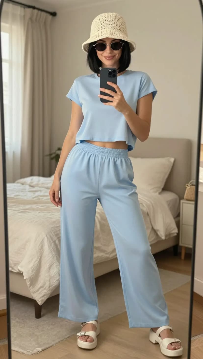 Light Blue Jersey Crop Top + Light Blue Jersey Wide-Leg Pants