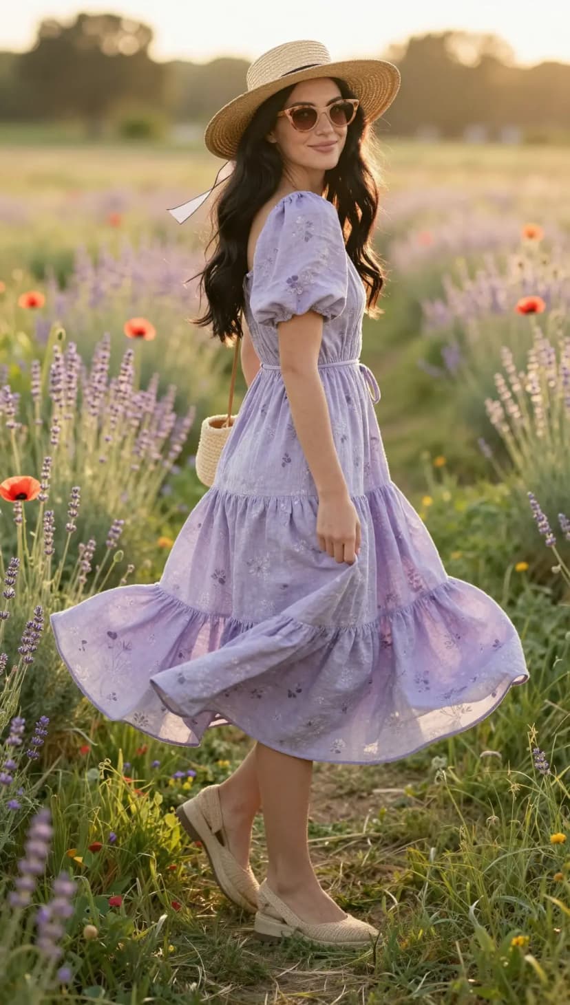 Lavender Embroidered Cotton Midi Dress + Natural Straw Boater Hat