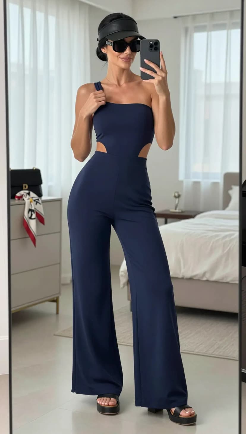 Navy Jersey One-Shoulder Jumpsuit + Black Platform Sandals