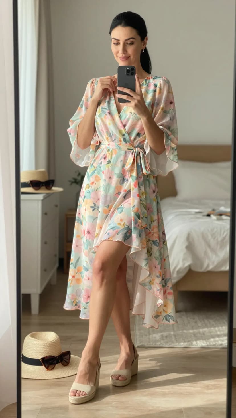Multicolor Floral Chiffon Wrap Dress + Beige Espadrille Wedges