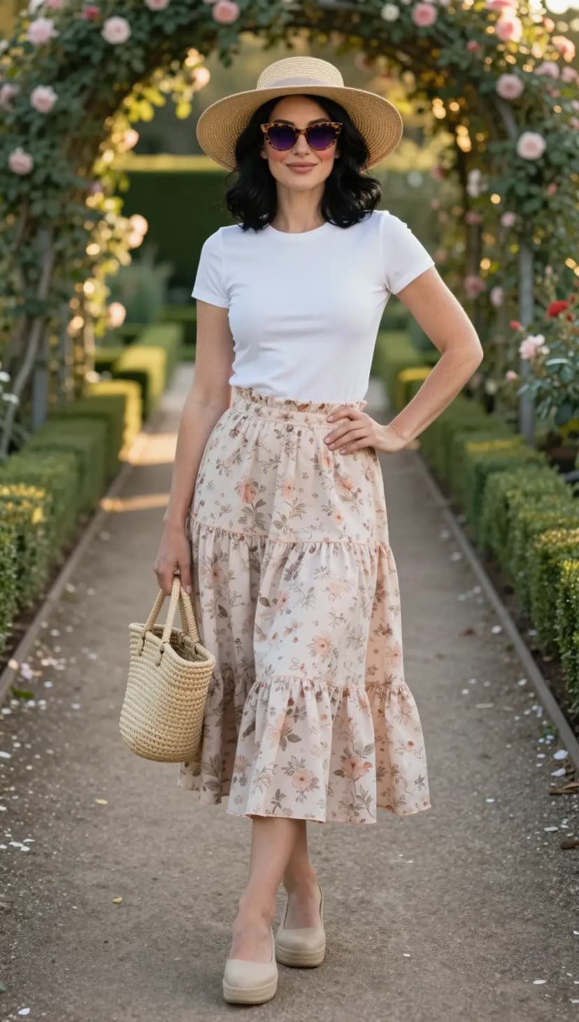 White Ribbed T-shirt + Floral Print Tiered Midi Skirt + Straw Boater Hat