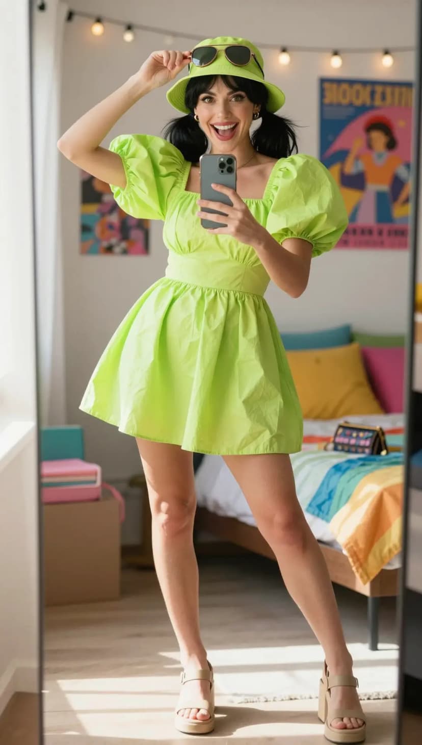 Lime Green Cotton Puff Sleeve Mini Dress