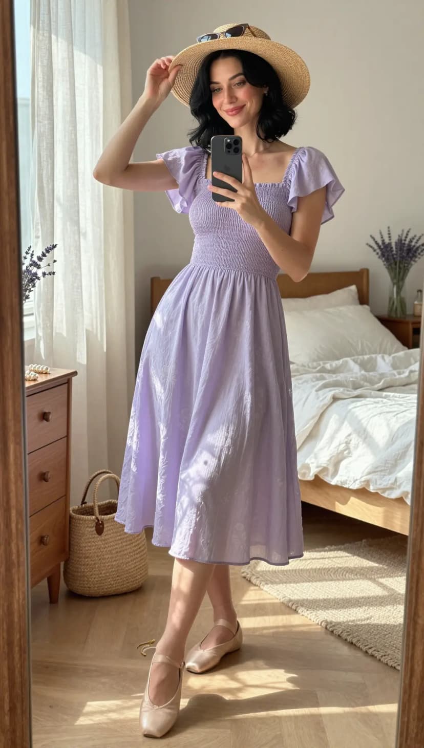 Purple Smocked Midi Dress + Straw Fedora