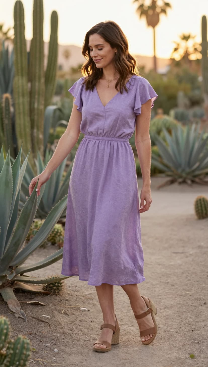 Lavender Brocade Midi Dress + Tan Suede Wedge Sandals