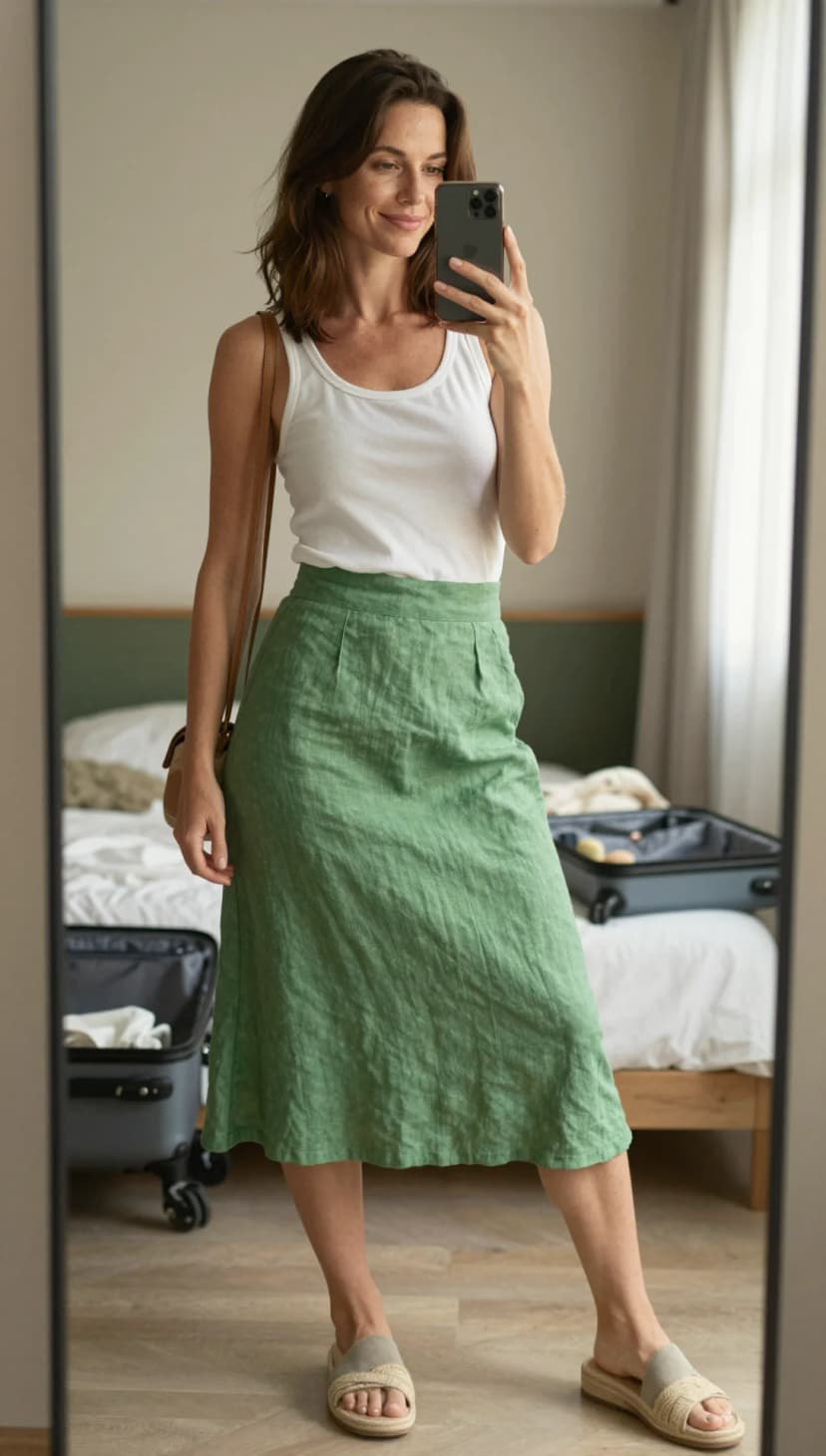 White Cotton Tank Top + Green Linen Midi Skirt + Beige Espadrille Slides