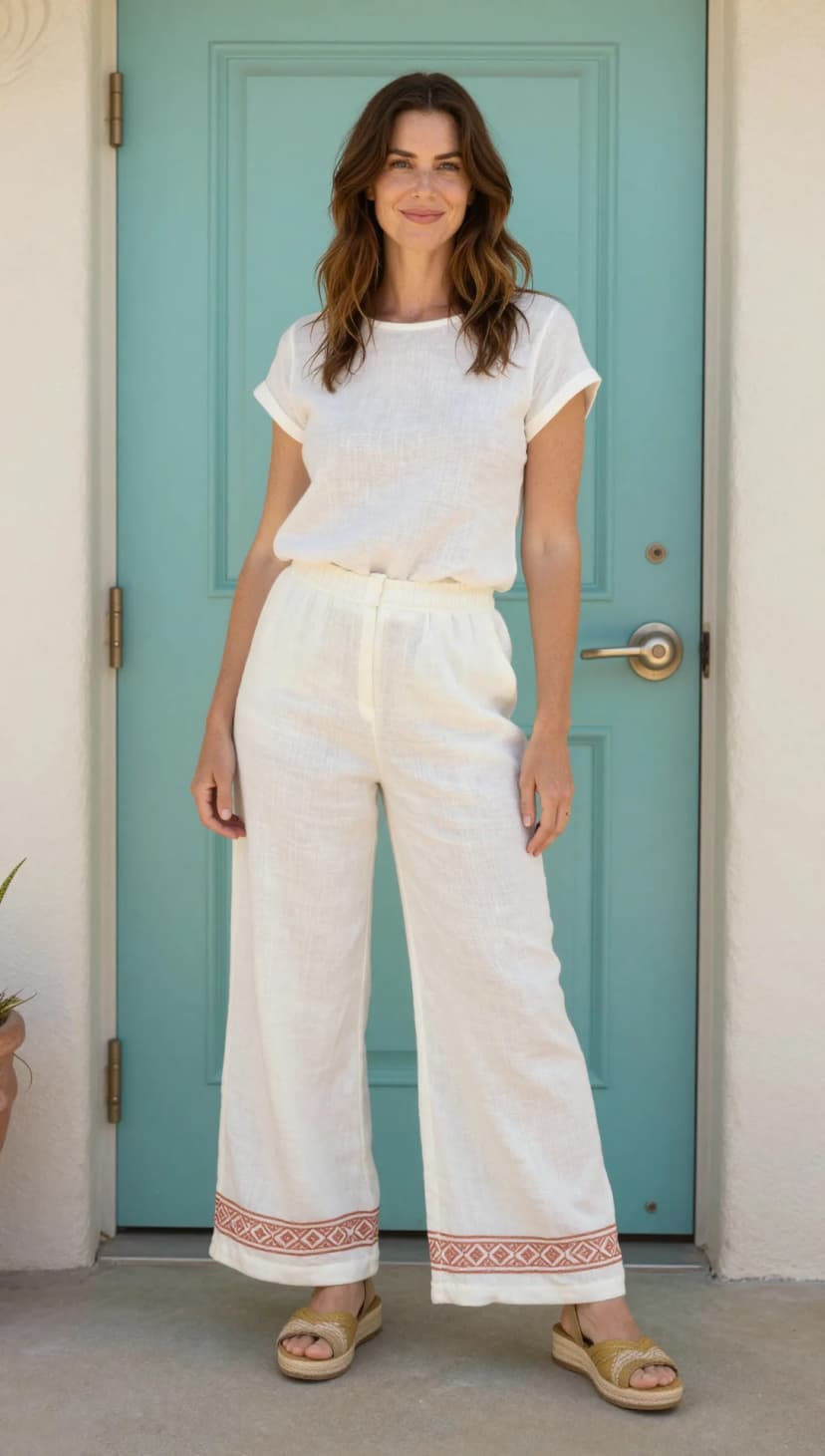 White Linen Crew Neck Top + White Embroidered Linen Trousers + Gold Espadrille Wedges