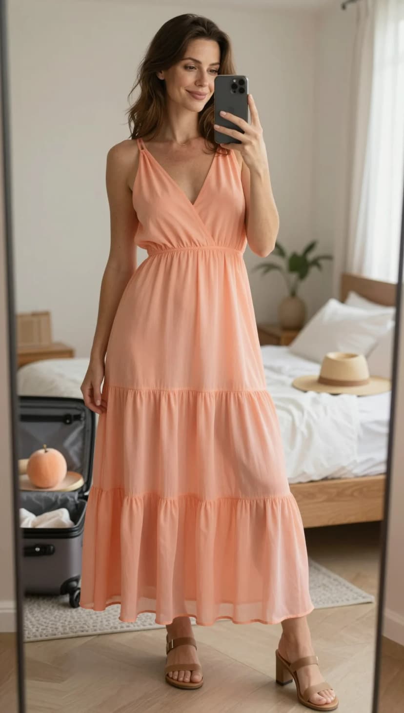 Peach Chiffon Maxi Dress + Tan Leather Block Heels