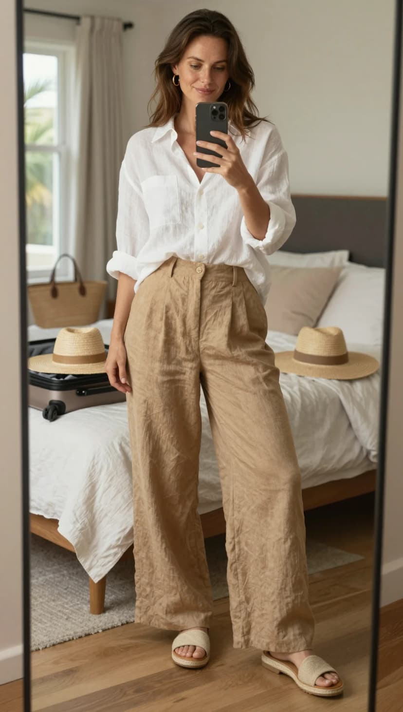 White Linen Oversized Shirt + Tan Linen Wide-Leg Trousers + Natural Espadrille Slides