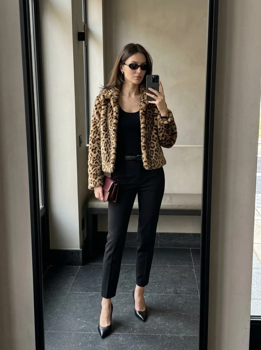 All-black base with cropped faux-fur leopard print coat and black stiletto pumps