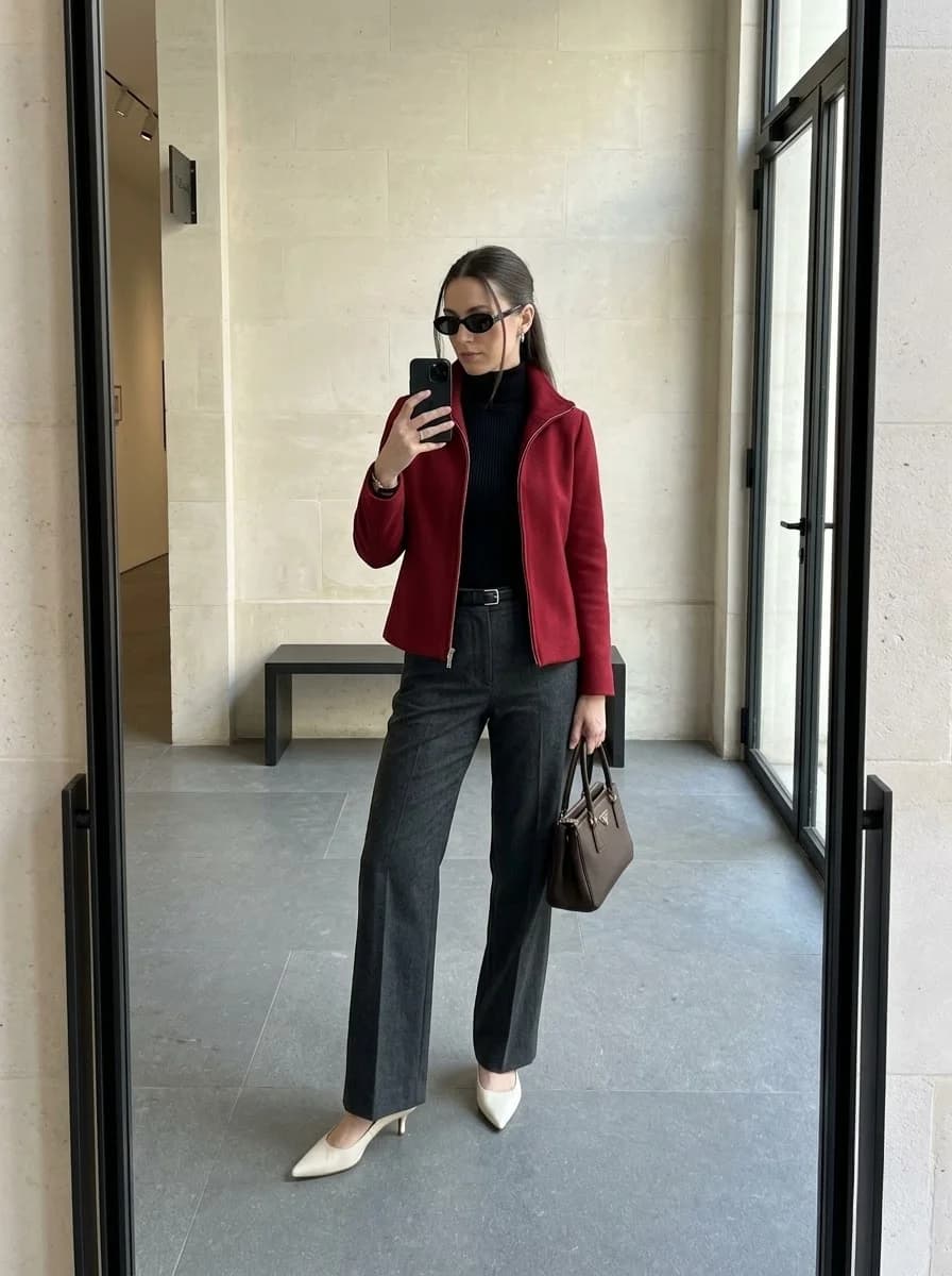 Black ribbed turtleneck with deep red cropped zip jacket and charcoal grey wide-leg trousers
