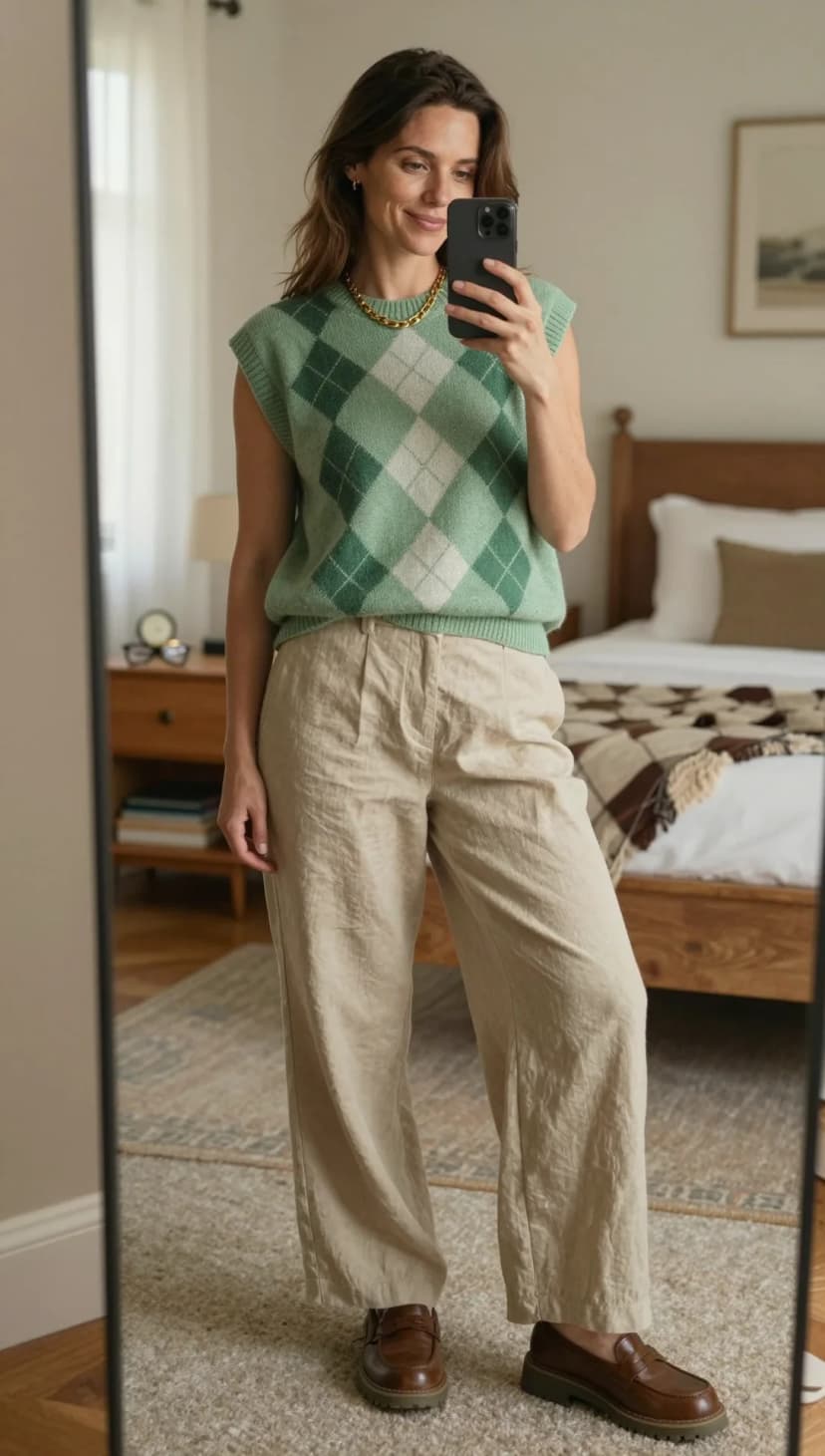 Green Argyle Knit Vest + Beige Linen Trousers + Brown Loafers