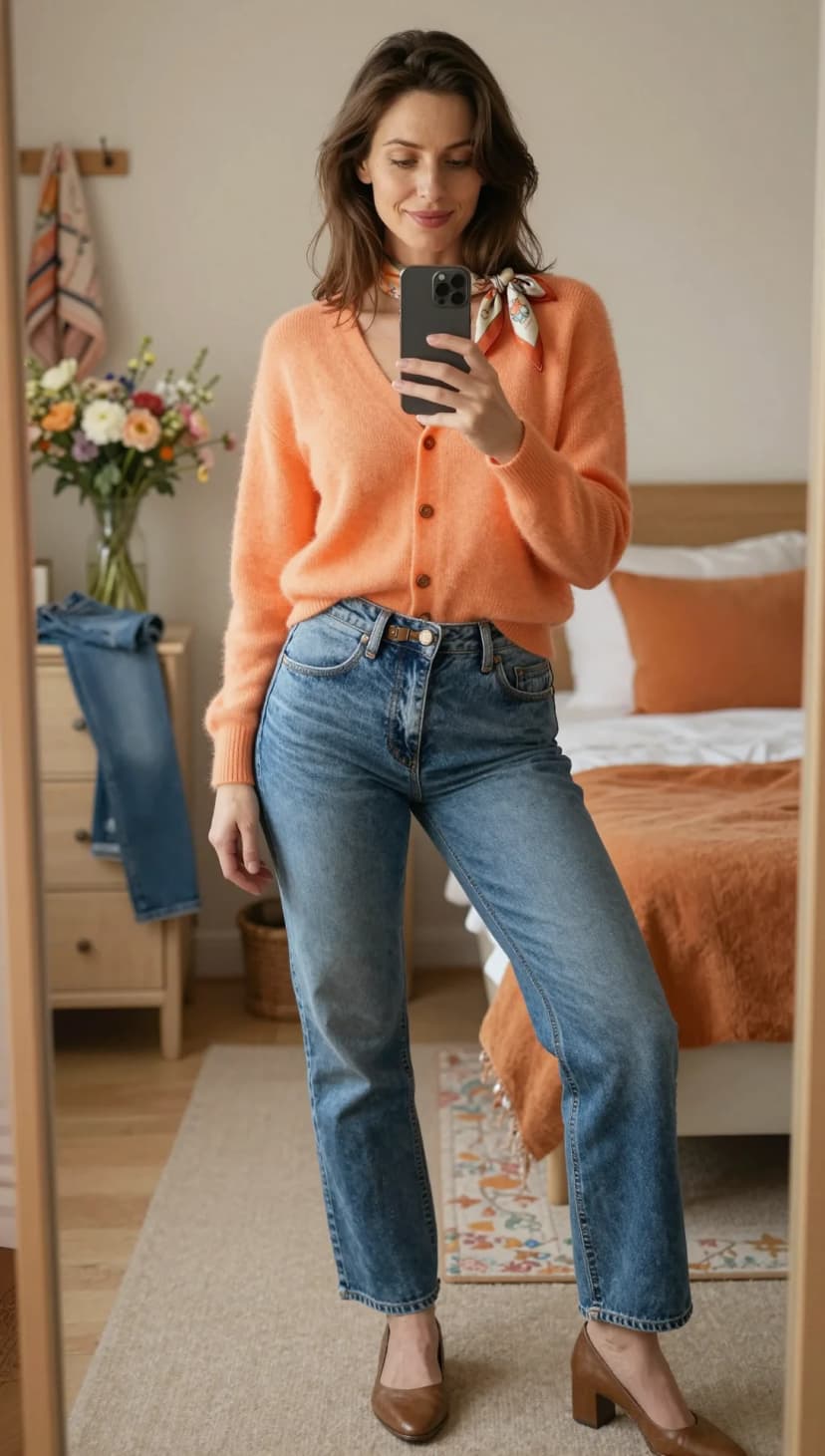 Peach Mohair Cardigan + Light Wash Denim Jeans + Brown Leather Heels