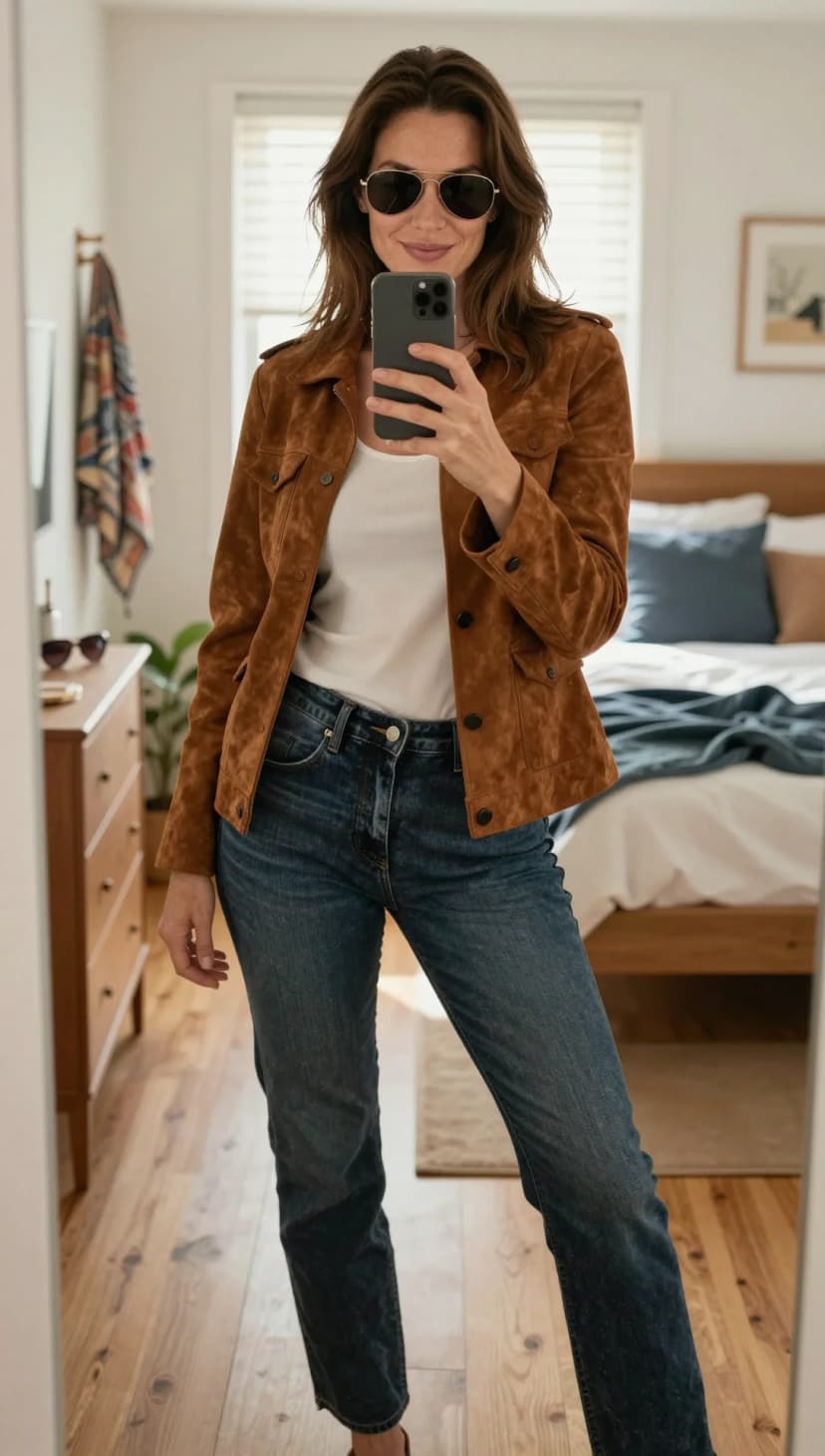Brown Suede Jacket + White Tank Top + Dark Wash Denim Jeans