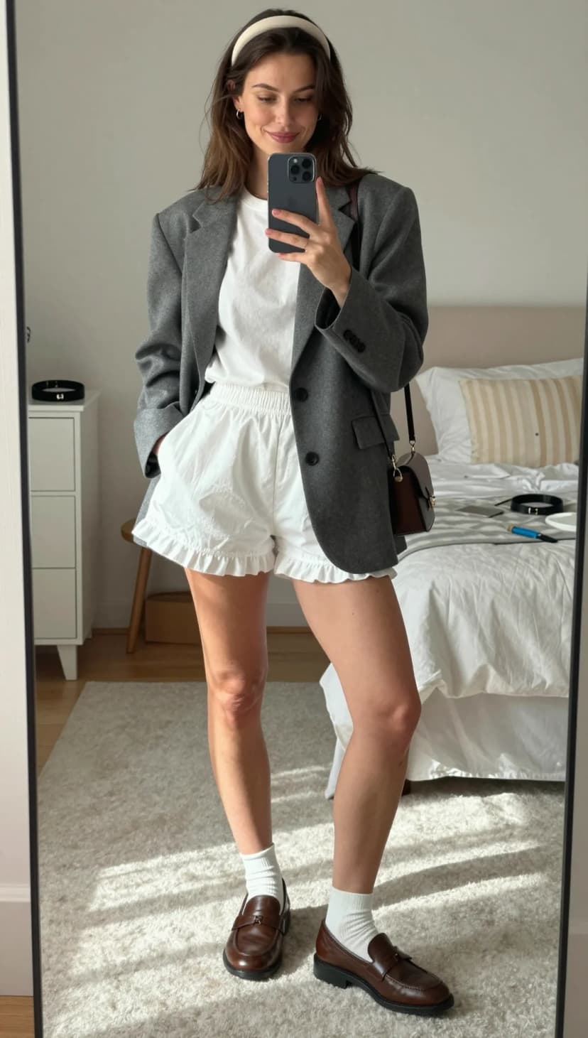 Grey Wool Blazer + White Ruffle Shorts + Brown Leather Loafers