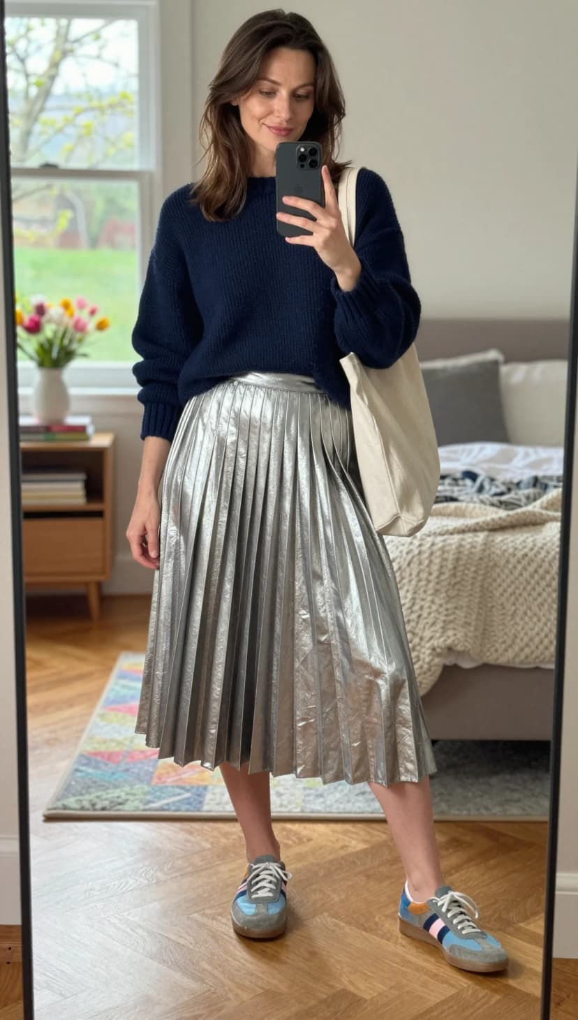 Navy Knit Sweater + Silver Pleated Midi Skirt + Colorful Low-Top Sneakers